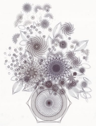 Floral composed of hundreds of hypotrochoid drawings. Copyright Mary Wagner