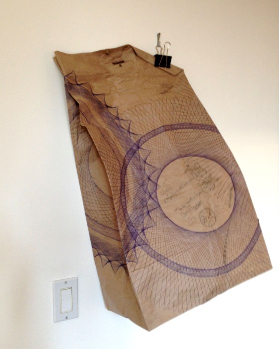 Mary Wagner, Brown Bagging It, Parametric Drawing. Ballpoint pen, pencil, pink marker, tape, on recycled kraft paper. Copyright Mary Wagner