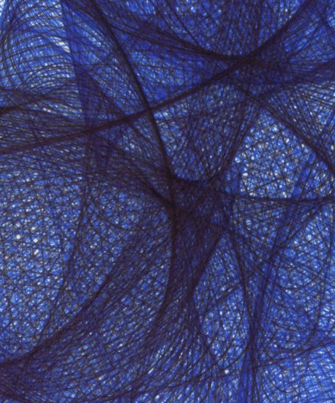 Close up detail of center area with dense overlap of blue and black lines. Copyright Mary Wagner