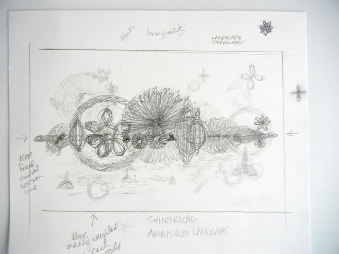 Initial doodles contemplating a landscape/seascape concept. Copyright Mary Wagner