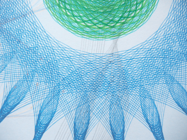 Detail of blue Copic Multiliner Sky blue and green pencil color and Pigma Micron Green marker ink. Pencil figure behind them shows a bit. © Copyright Mary Wagner