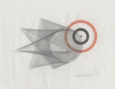 Abstract minimal mixed media drawing in graphite, ink, and paper collage. Interpretation of an animal spirit or invisible being. "Spirit" Copyright Mary Wagner