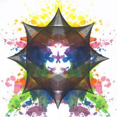 "Duplicity", 18x18 inches, rainbow colored ink blot over black ink line drawing. ©Copyright Mary Wagner