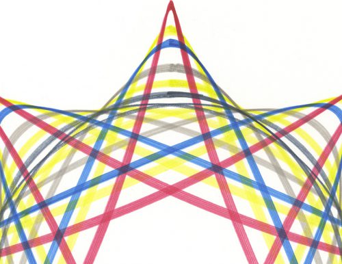 Mary Wagner, "Wall of Sol Process Color Geometry", 20 x 20 inches, Faber-Castell Pitt artist pigment ink pens and Polychromos color pencil on Stonehenge 100% cotton paper. ©Mary Wagner