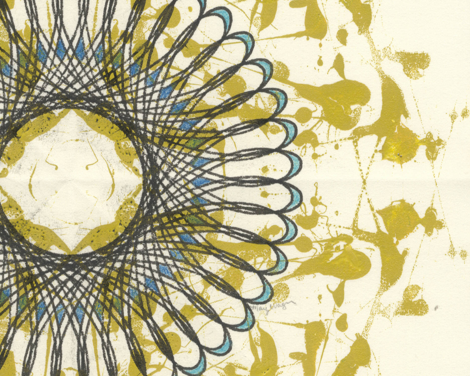 "Golden" pigment ink and letterpress ink on paper. Abstract geometric organic artwork. Copyright Mary Wagner. All Rights Reserved. MaryWagner.com